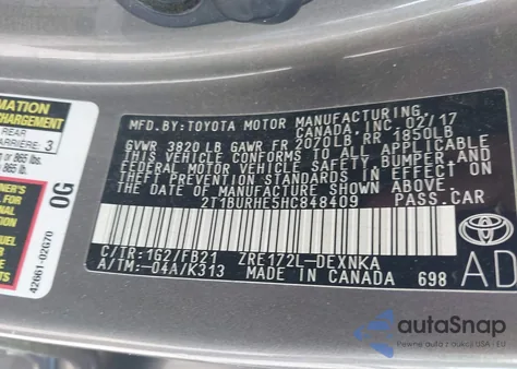 2017 Toyota Corolla Le из США, поврежденный, VIN 2T1BURHE5HC848409